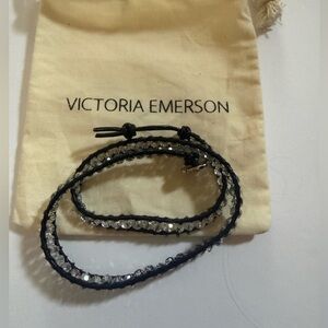 Victoria Emerson Black Leather Clear Beaded Wrap Bracelet, Silver Tag, Bling!